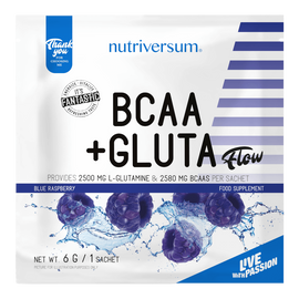 BCAA+GLUTA - 6 g - FLOW - Nutriversum - kék málna - 5080 mg minőségi aminosav adagonként
