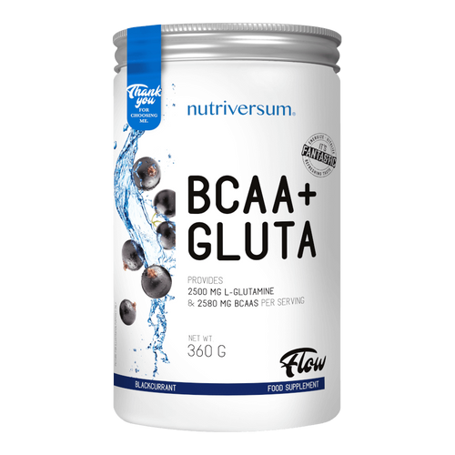 BCAA+GLUTA - 360 g - FLOW - Nutriversum - feketeribizli - 5080 mg minőségi aminosav adagonként
