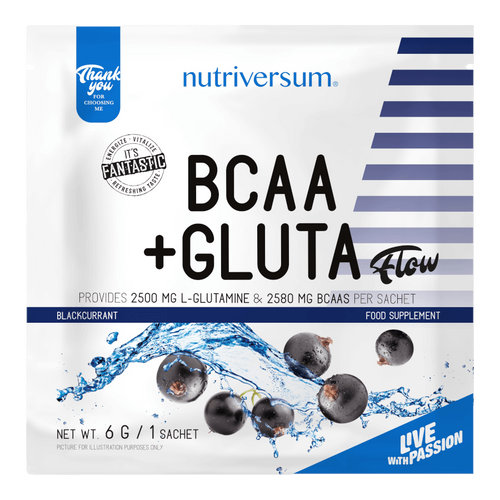 BCAA+GLUTA - 6 g - FLOW - Nutriversum - feketeribizli - 5080 mg minőségi aminosav adagonként
