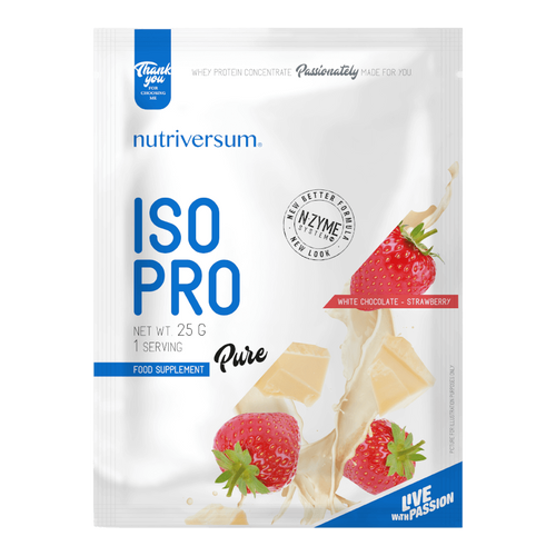 ISO PRO - 25 g - PURE - Nutriversum - fehércsokoládé-eper - prémium, fonterra fehérjealap
